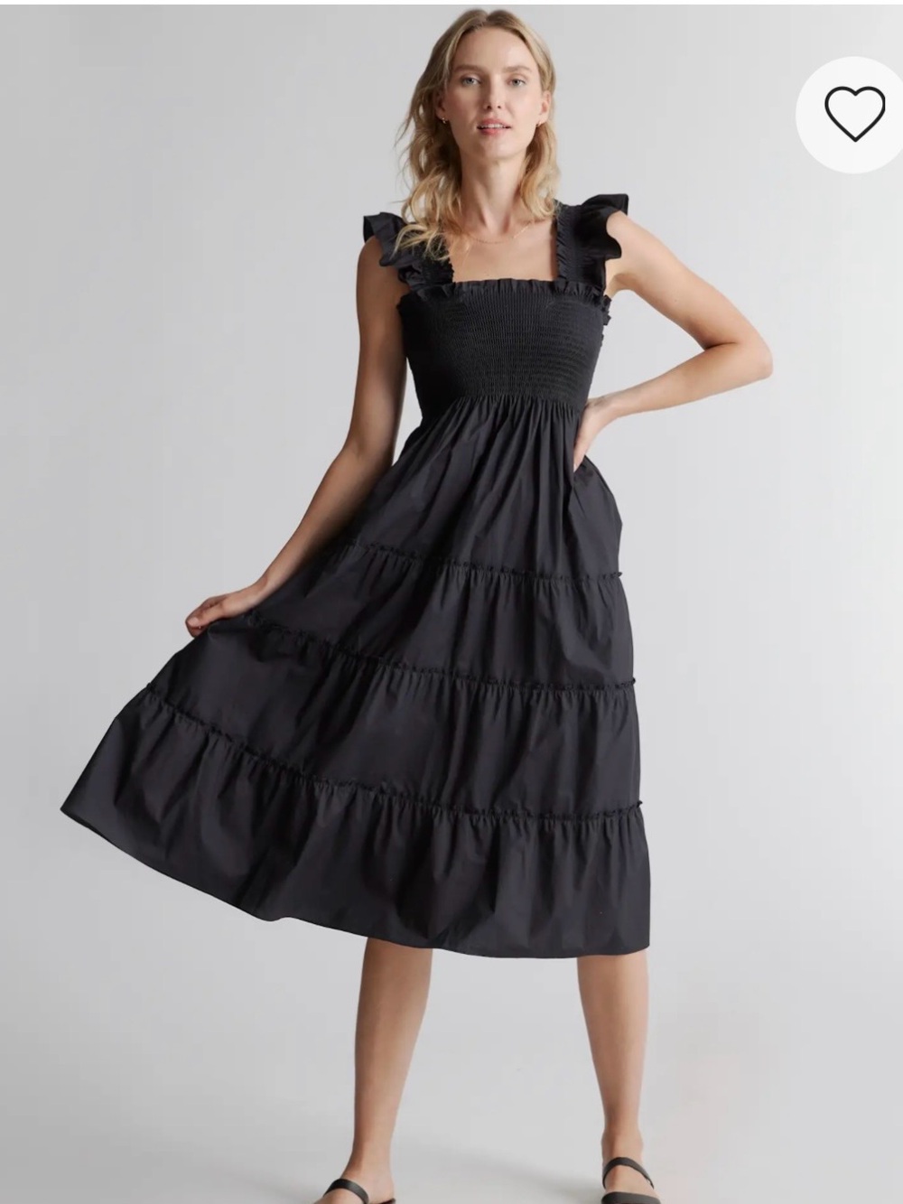 Quince Smocked Ruffle Strap Midi Dress - Black